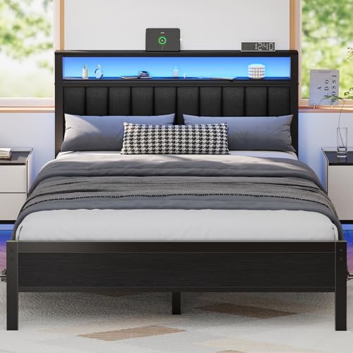 Furnulem Full Size Bed Frame with Charging Station and LED Lights, Platform Bed with Metal Slats, Grey Upholstered Headboard with 2-Tier Storage Shelves, No Box Spring Needed