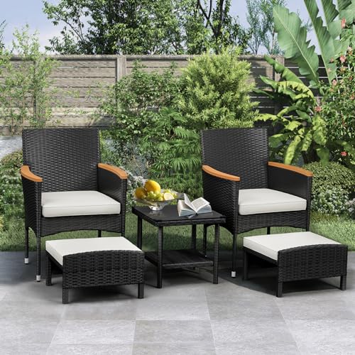 5 PCS Outdoor Patio Furniture Set with Table&Ottoman Outdoor Furniture Patio Set Bistro Wicker Patio Set (Black Wicker&White Cushion, 5PC - 2 Chair + 2 Ottoman + 1 Table)