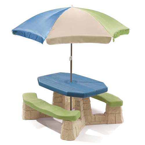 Step2 Naturally Playful Kids Picnic Table with Removable Umbrella, Indoor/Outdoor Toys, Fits 6 Children, Made of Durable Plastic, For Toddlers 3+ Years Old, Blue & Green