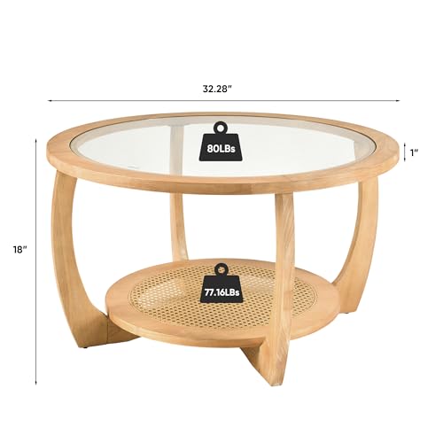 PADMA HOUSE Round Wood Coffee Table with Glass Rattan Top, Wooden Circle Center Table with Curved Legs & Removeable Tempered Glasstop, Cocktail Table for Living Room, Light Brown 32.28