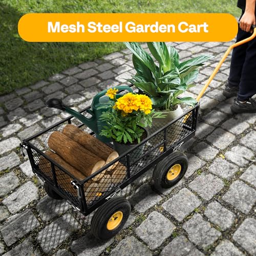 VIVOHOME Heavy Duty 880 Lbs Capacity Mesh Steel Garden Cart Folding Utility Wagon with Removable Sides and 4.10/3.50-4