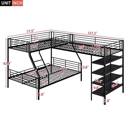 MERITLINE Metal Twin Size L-Shaped Loft Bed, Twin Size Loft Bed Frame with Two Built-in Desks Underneath for Kids Boys Teens, Black