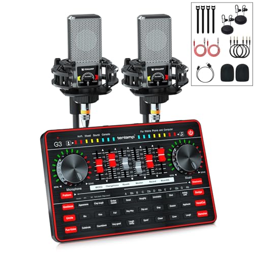 Podcast Microphone Bundle with Live Sound Board Audio Mixer, Podcast Equipment Bundle with 3.5mm Condenser Microphone for Pc/Phone Live Streaming Singing Gaming, Soundboard with Voice Changer, Denoise