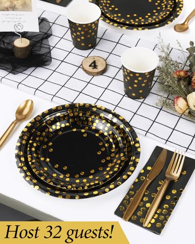 350 Pieces Party Supplies, Black and Gold Party Plates Cups and Napkins Sets with Plastic Knives forks spoons, Disposable Tableware Serves 50 Sets for Wedding, Birthday, Graduation, Festivals