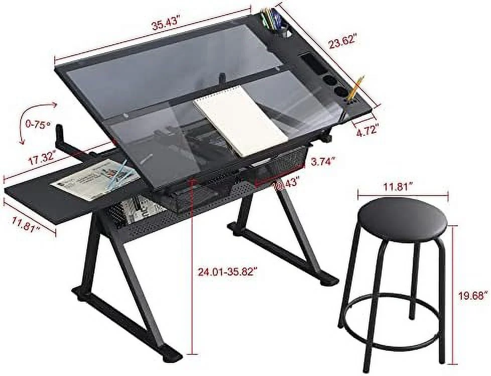 KBANZIBIU Height Adjustable Drafting Tables  Glass Drawing Art Table  Tilting Tabletop Paintings Work Station  Table Chair Chair-2  Drawer for Reading Writing Art Craft Work Station (Blac