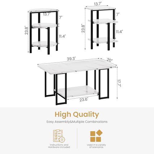 AWQM Faux Marble Table Set,Coffee Table & 2 Side Table, Faux Marble Tabletop and Metal Frame, 3 Piece Table Sets, for Living Room Apartment,White & Black