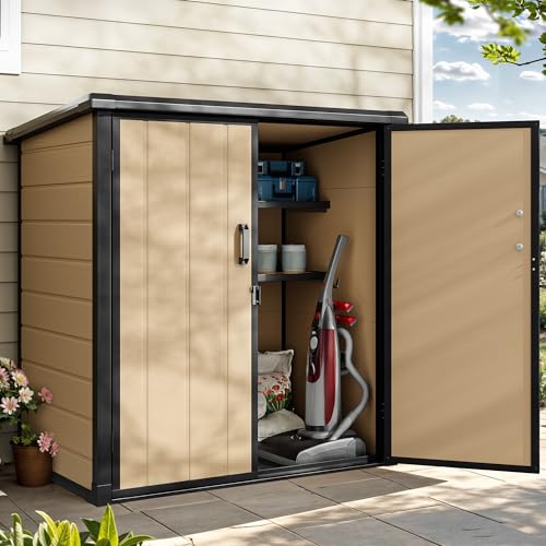 DWVO 5x3ft Resin Outdoor Storage Shed with Floor, Waterproof Lockable Storage Shed with Window, Plastic Outside Tool Storage for Garden, Backyard, Patio, Lawn, Gray