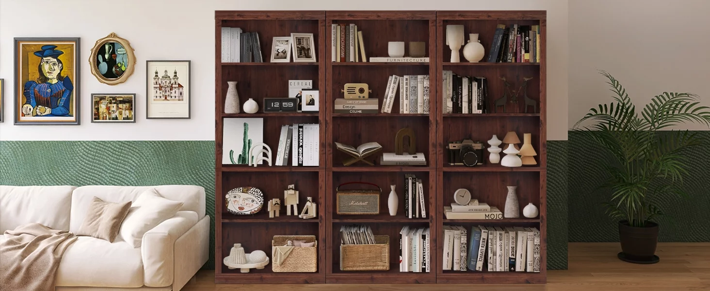 ENSTVER Wooden 5-Shelf Bookcase with Adjustable Shelves, Cherry