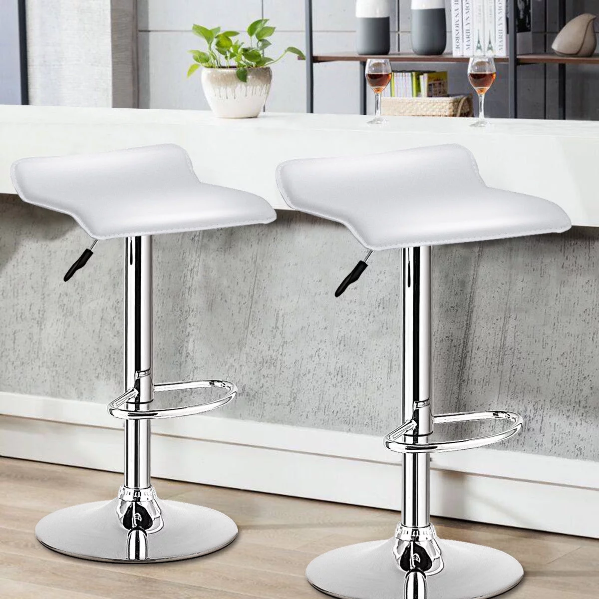 Costway Set of 2 Swivel Bar Stools Adjustable PU Leather Backless Dining Chair White Low Back