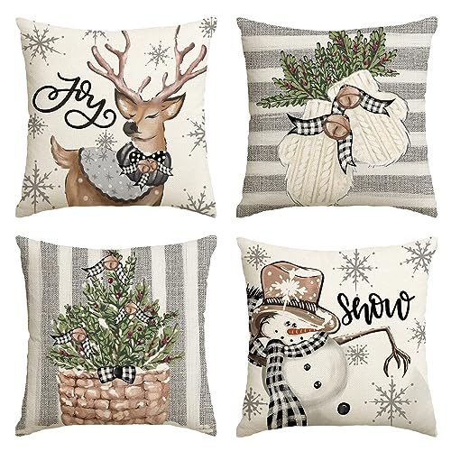 AVOIN colorlife Christmas Snowman Reindeer Gloves Eucalyptus Red Throw Pillow Covers, 18 x 18 Inch Winter Holiday Stripes Cushion Case Decoration for Sofa Couch Set of 4