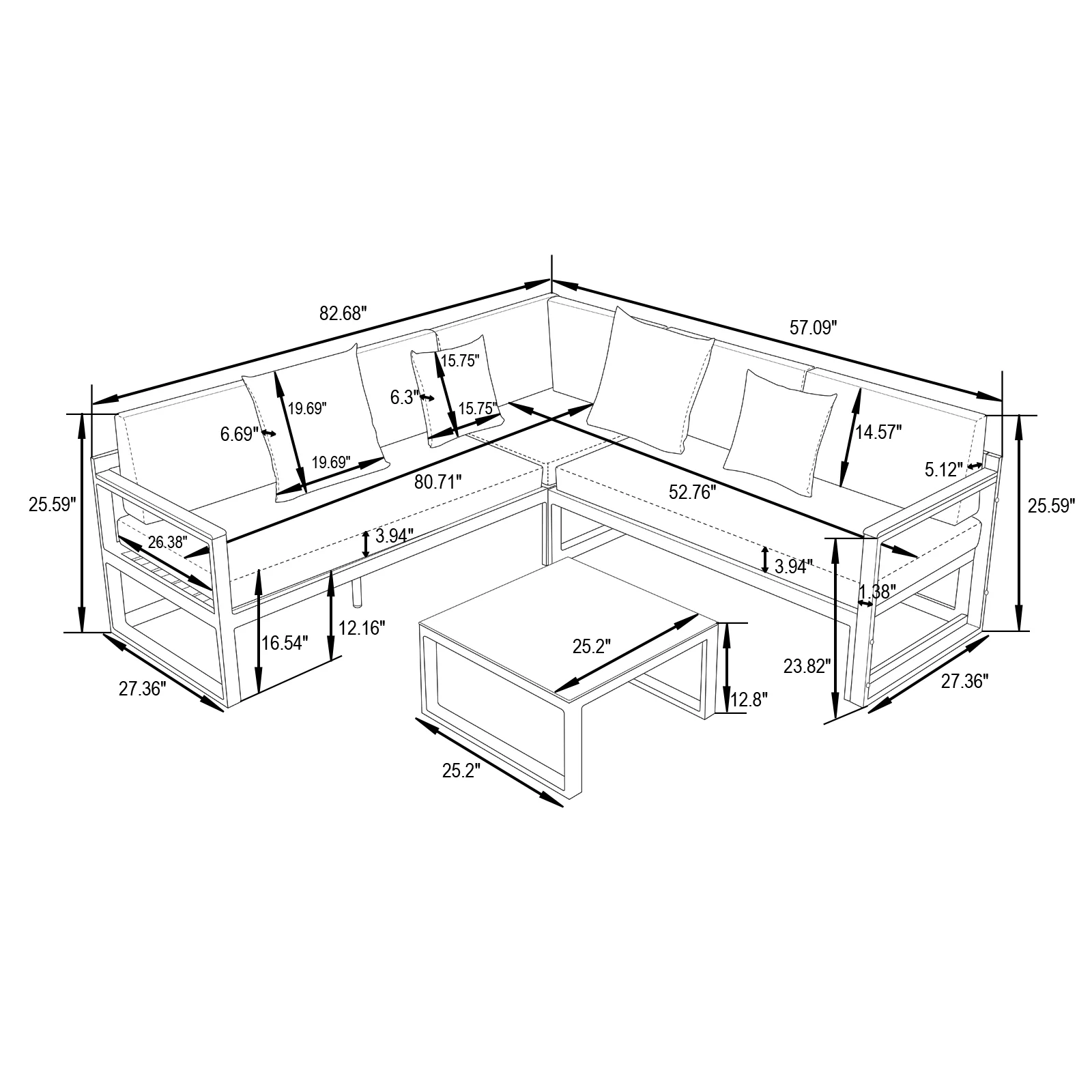 LeisureMod Chelsea White Sectional With Adjustable Headrest & Coffee Table With Cushions