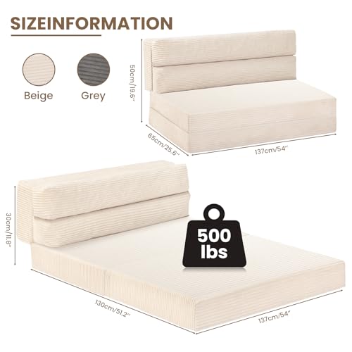 Folding Sofa Bed, Convertible Sleeper Chair with Pilow Foldable Matress, 2 in 1 Pull Out Loveseat Sofa Portable Fold Out Chair Bed Comfy Floor Couch Lounge for Living Room Bedroom,Grey,Full