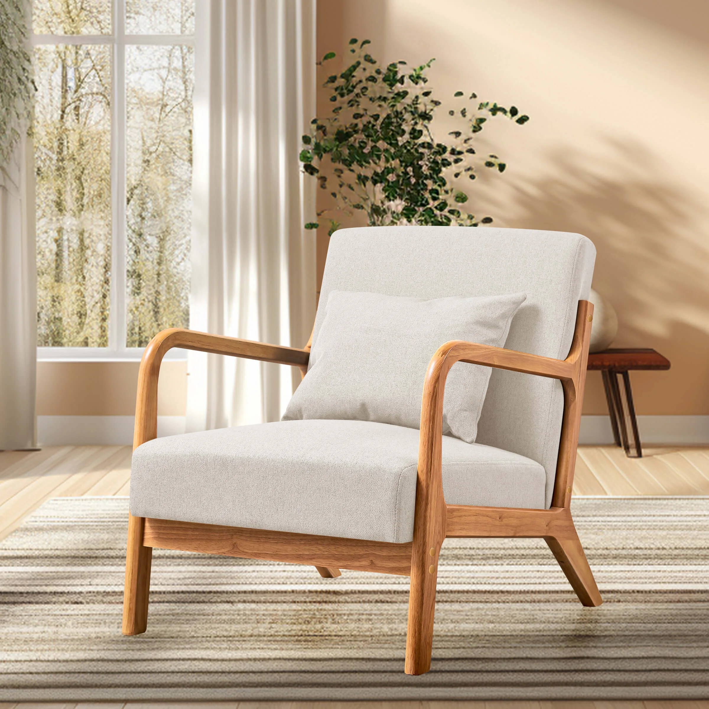 Subrtex Modern Accent Chair Linen Upholstered Arm Chairs with Solid Wood Frame, Beige