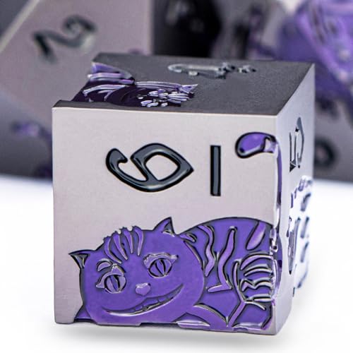 Metal DND Cat Dice 7PCS Polyhedral RPG Dice Set with Gift Case for Dungeons Dragons Role Playing Game, D and D Dice D6 D8 D10 D12 D20 D% (Purple Yellow)