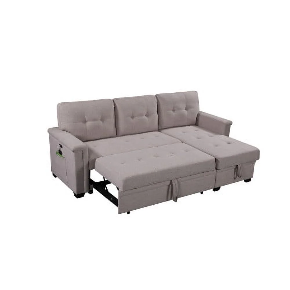 Light Gray Reversible Sleeper Sectional Sofa with Storage Chaise, USB Charging Ports and Pocket