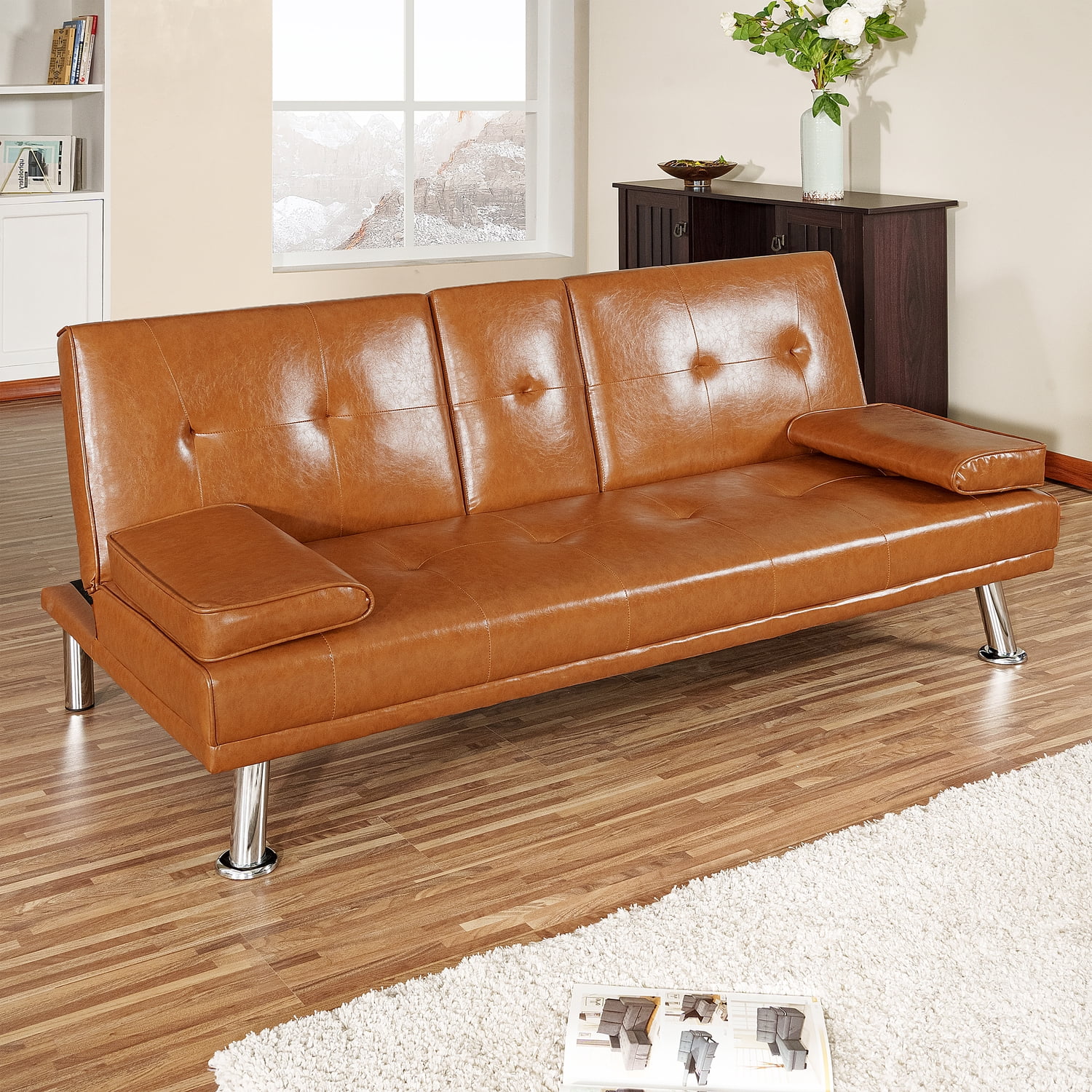Futon Sofa with Armrest and Cupholders by Naomi Home-Color:Caramel