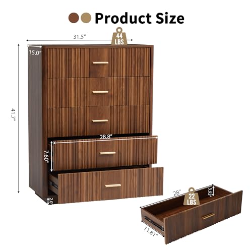 Fluted 5 Drawers Dresser for Bedroom, Wooden Tall Storage Dresser, Modern Chest of Drawers with Metal Handle, Curved Profile Wood Closet Clothes Storage Organizer for Living Room, Hallway, Walnut