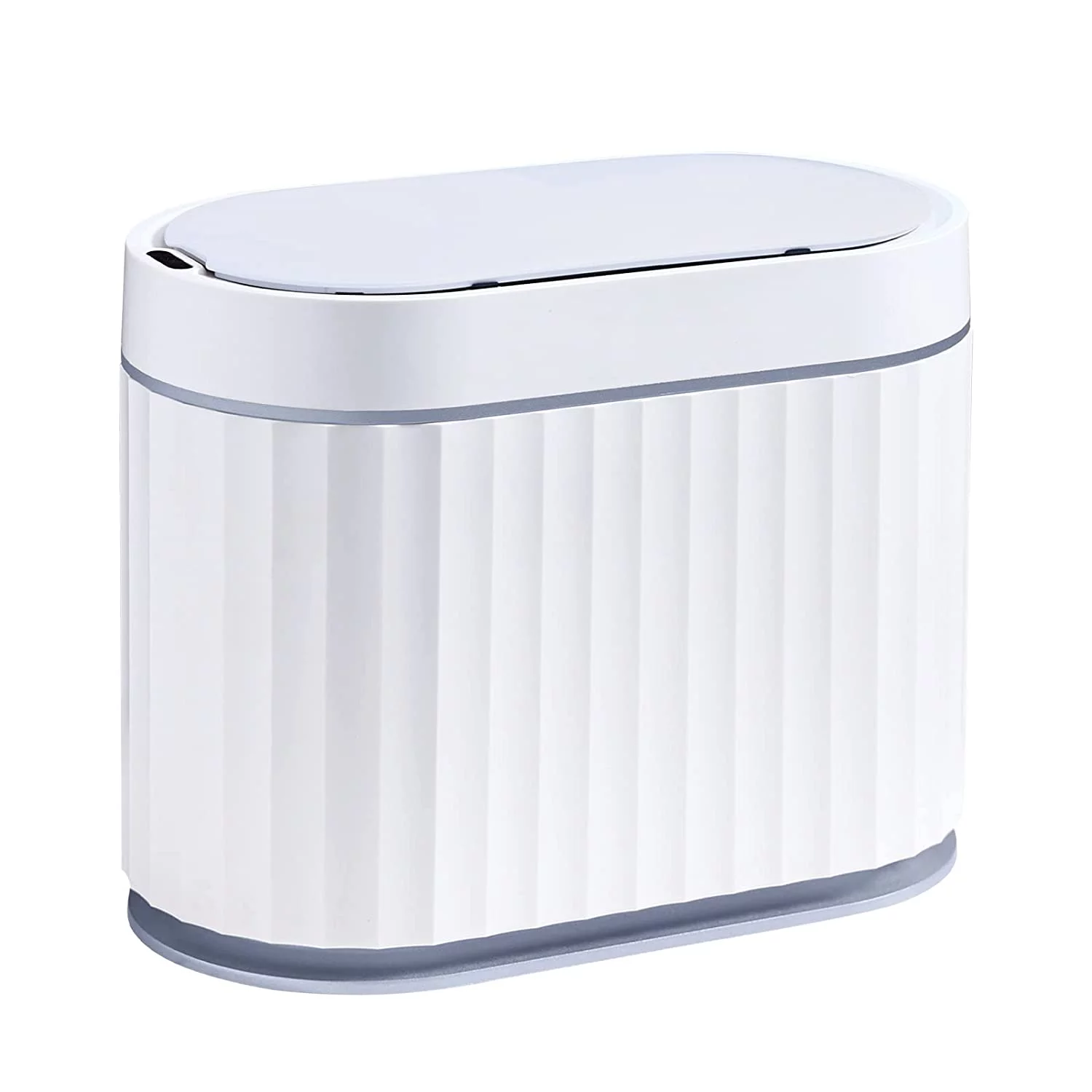 ELPHECO Mini Trash Can with Lid Small Desktop Trash Can with Lid, Slim Automatic Garbage Can, 1.3 Gallon Motion Sensor Countertop Waste Basket for Bedroom, Office, Bathroom, White with Grey Trim