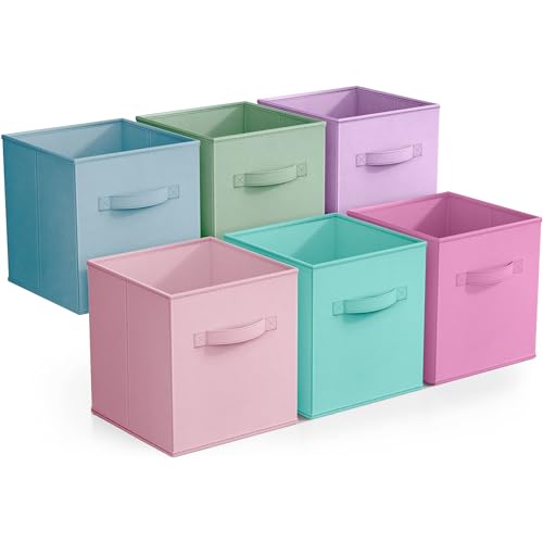 Sorbus 11 Inch Fabric Storage Cubes - Sturdy Collapsible Bins With Handle - 6 Foldable Baskets for Organizing Clothes, Toys, Books - Multi Colored Storage Baskets for Shelves, Kids Room, Closets