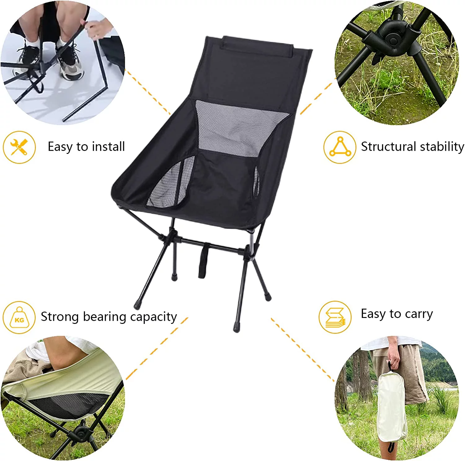 Meromore High Back Camping Chair for Adults Heavy Duty, Outdoor Patio Furniture Folding Chair Portable with Breathable Mesh for Fishing Camping Hunting Lawn Beach, Black