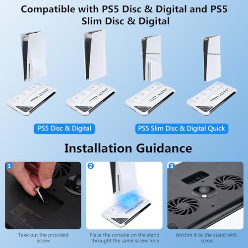 Allnice PS5 Slim Stand and Cooling Station with Controller Charging Station for PlayStation 5, PS5 Accessories with 3 Levels Cooling Fan, RGB LED Light, 3 USB HUBs, Headset Holder, 13 Game Storage