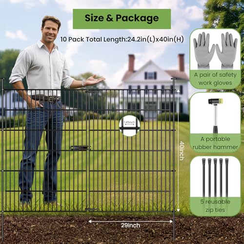 Garden Fence Panels with Gate 14.5ft(L) X 40in(H), Garden Fencing for Yard Includes Gloves, Hammer&Zip Ties, Rustproof Metal Wire Temporary No Dig Dog Fence Outdoor for Yard
