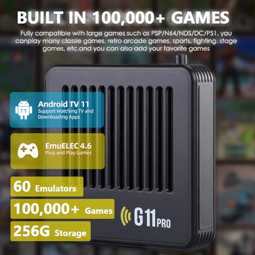 All8bit G11 Pro Game Box,Built-in 100,000+ Games, 60 Emulators,Retro Gaming Console with 2.4g Wireless Dual Controllers,Retro Gamer Pro, HDMI Output,Plug & Play Video Games for TV, 2×Controllers