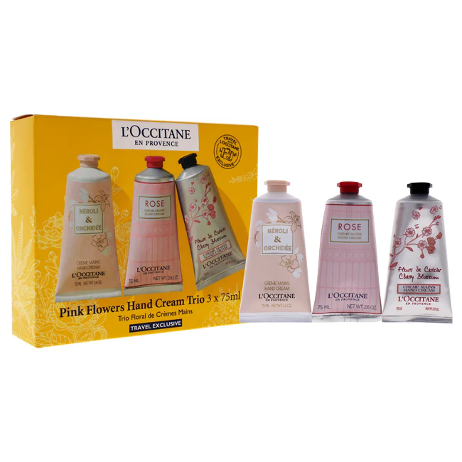 Pink Flowers Hand Cream Trio by LOccitane for Unisex - 3 x 2.6 oz Neroli and Orchidee Hand Cream, Rose Hand Cream, Cherry Blossom Hand Cream