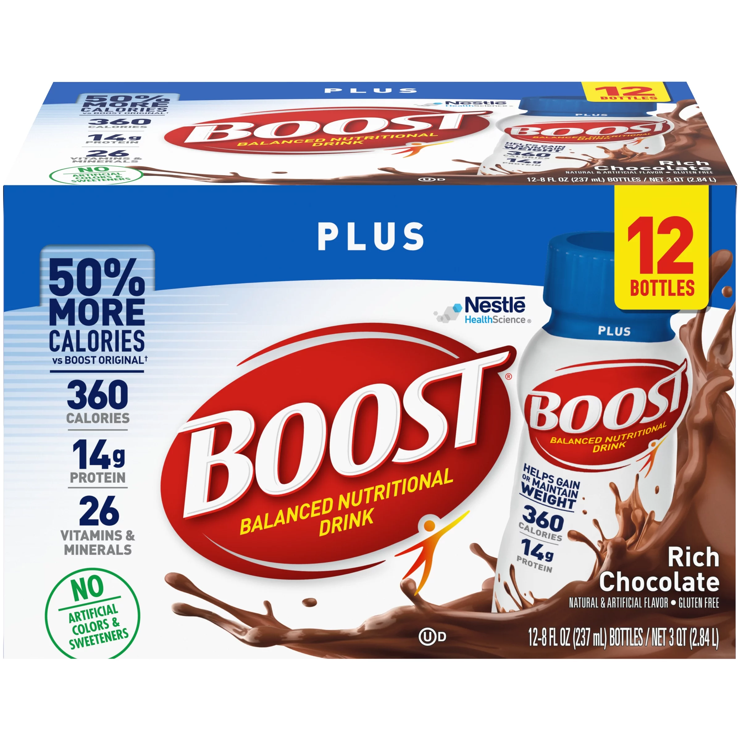 BOOST PLUS Nutritional Drink, Rich Chocolate, 14g Protein, 12-8 fl oz Bottles