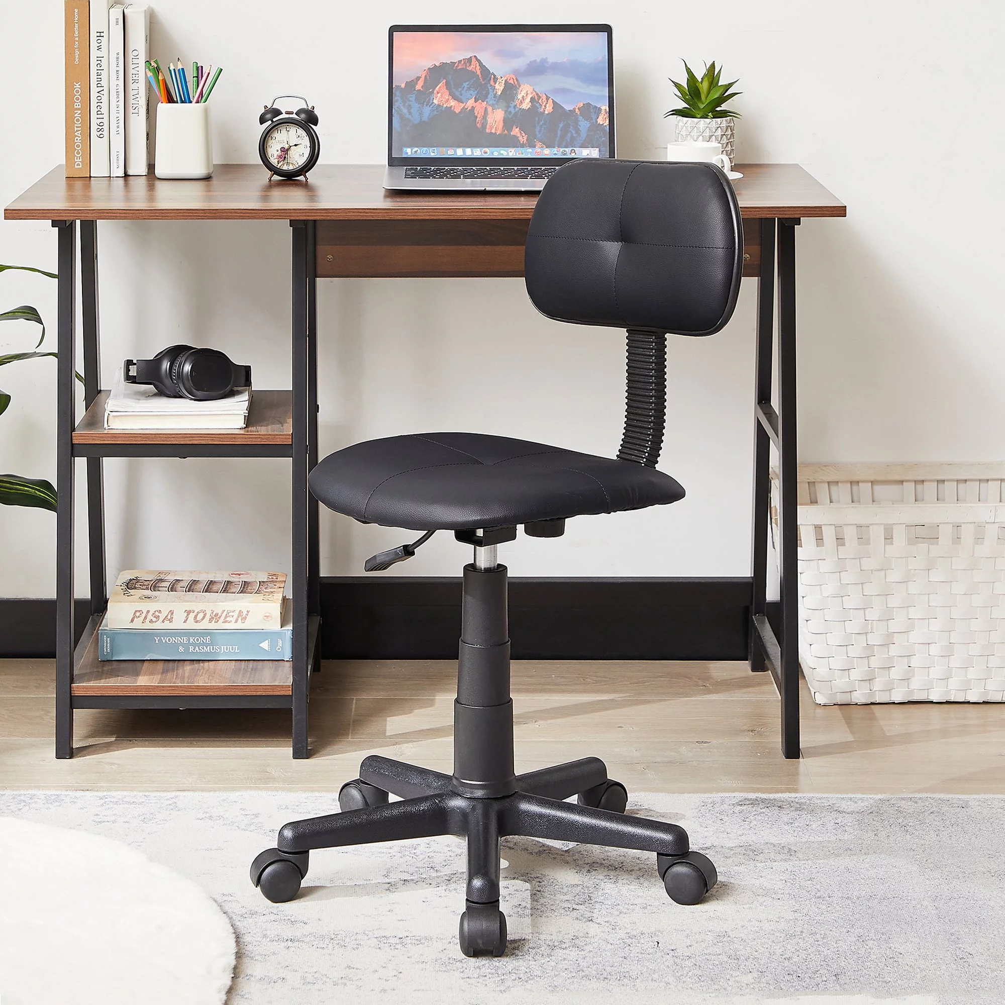 VECELO Armless Office Chair, Low-Back Adjustable Height Home Desk Chair, Ergonomic 360° Swivel Computer Task Chair, Black
