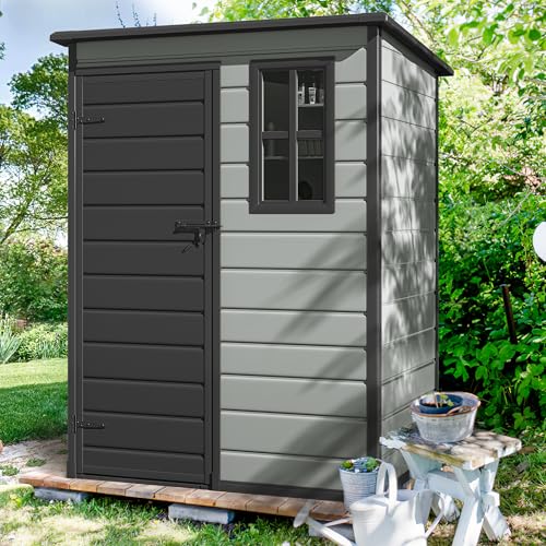 DWVO 5x3ft Resin Outdoor Storage Shed with Floor, Waterproof Lockable Storage Shed with Window, Plastic Outside Tool Storage for Garden, Backyard, Patio, Lawn, Gray