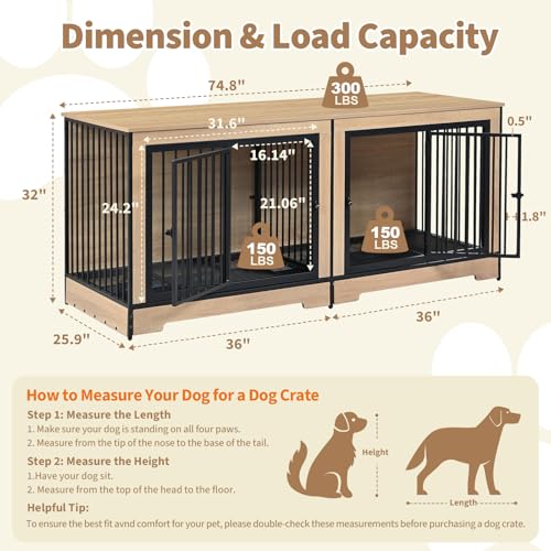 75’’ Double Dog Crate Furniture for 2 Dogs, Sturdy XXL Dog Crate Furniture with Removable Divider & Trays, Extra Large Dogs Kennel TV Stand for Living Room/Bedroom/Entryway