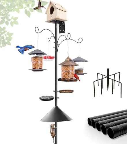eWonLife 92 Inch Bird Feeder Pole with Squirrel Baffle & Upgraded 9-Prong Base, Adjustable Bird House Pole for Outdoors Heavy Duty, Birdhouse Stand Post Station with 4 Shepherd Hooks, Birdbath, Tray