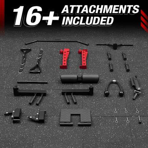 Mikolo Smith Machine, 2200lbs Squat Rack with LAT-Pull Down System & Cable Crossover Machine, Power Cage with Leg Hold-Down Attachment, Red