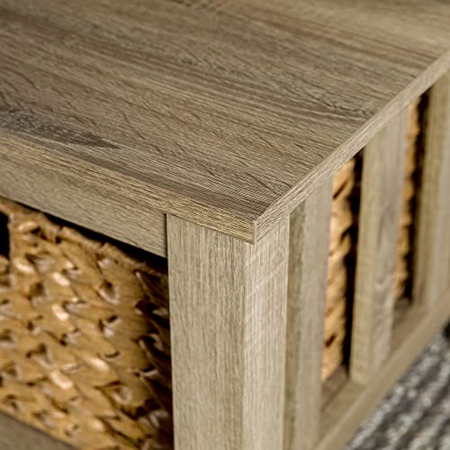 Walker Edison Coastal Black Living Room Coffee Table with Lower Shelf and Faux Rattan Wicker Baskets, 40 Inch