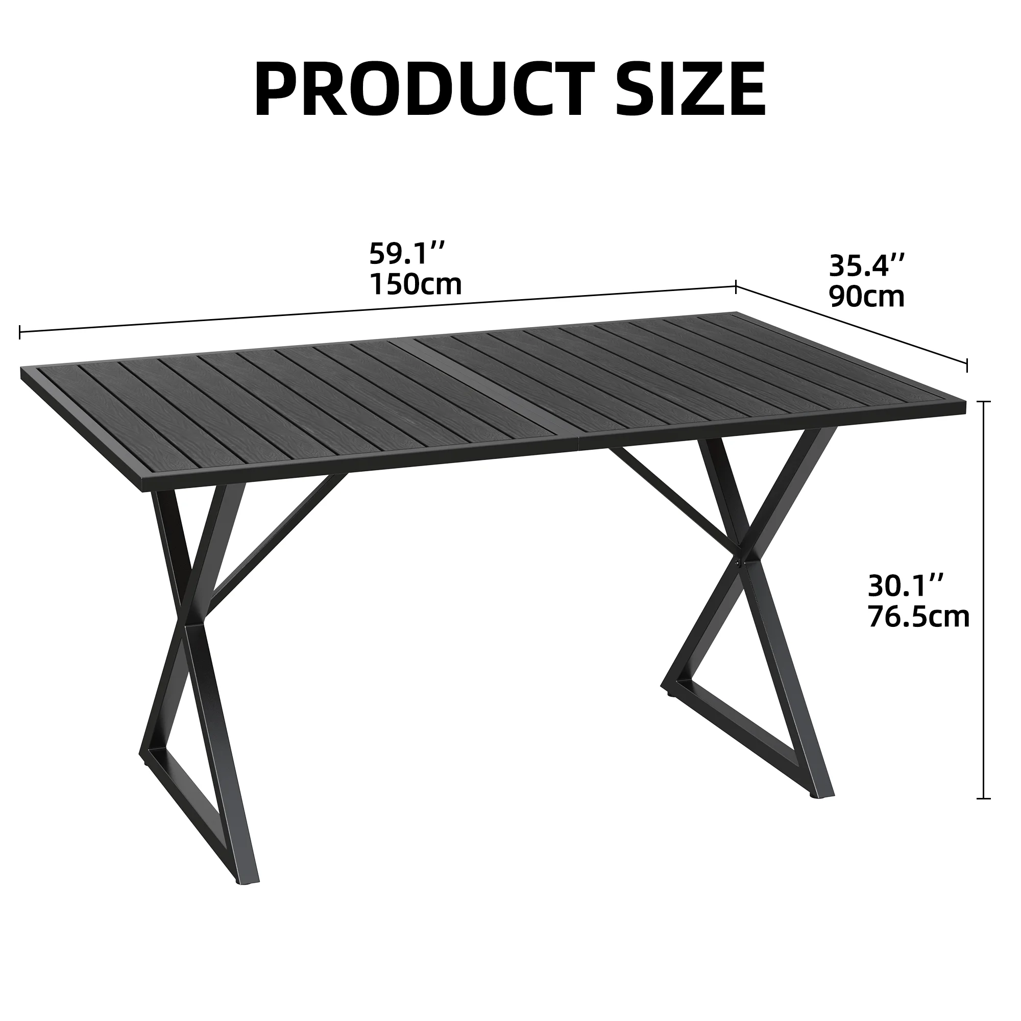 DWVO 59in Outdoor Patio Dining Table for 6-8, Metal Frame and Faux Wood Tabletop - Black