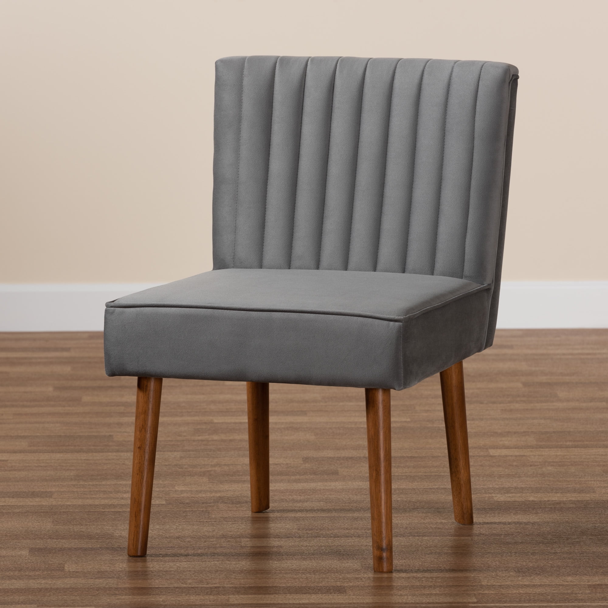 Baxton Studio Alvis Mid-Century Modern Grey Velvet Upholstered and Walnut Brown Finished Wood Dining Chair