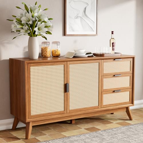Bme Georgina Solid Wood Sideboard with Geometric Pattern, 2 Doors and 3 Drawers, 61 Inch Mid Century Modern Sideboard Cabinet for Kitchen, Dining Room, Living Room, Dark Choco