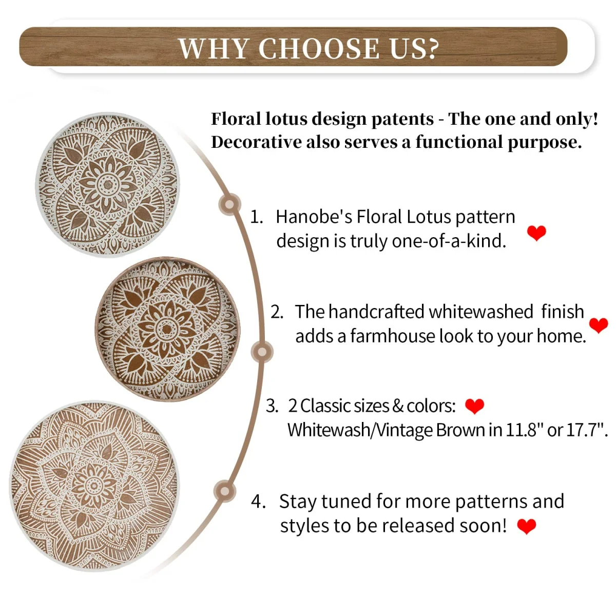 Hanobe Round Wood Decorative Tray Rustic Coffee Table Tray Farmhouse Tray Decor White Washed Centerpiece Wooden Serving Trays Rounded Tray for Kitchen Counter Boho Ottoman Tray for Home