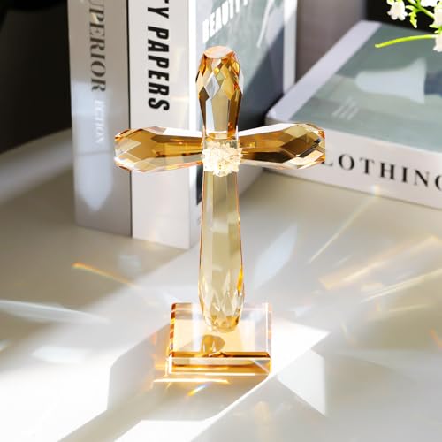 YWHL Crystal Standing Cross Decor, Religious Gifts for Women Men, Handmade Glass Holy Cross Collectible Figurines for Home Decoration, Easter Christmas Decoration for Pary