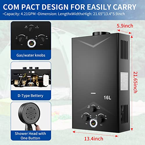 Tankless Water Heater 4.21GPM 16L Outdoor Portable GasHot Water Heater Instant Propane Water Heater with Digital Display Multi-Protection for Camping Trips Boat Cabins