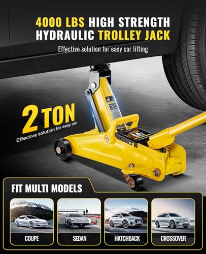 2 Ton (4000 lbs) Low Profile Hydraulic Trolley Floor Jack Kits with Solid Storage Case and Rubber Pad, Portable Car Floor Jack with Lifting Range 4.9