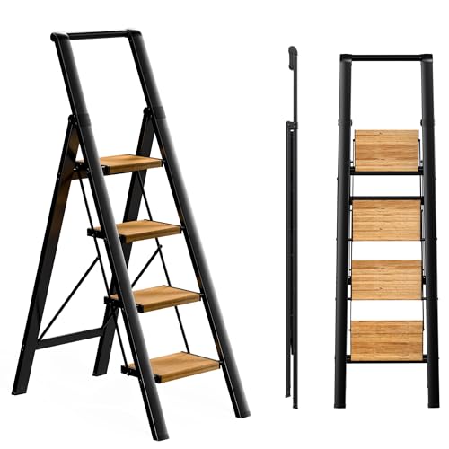 3 Step Ladder, Folding Step Stool with Anti-Slip Wide Sturdy Pedal and Handgrip, Multi-Use for Home and Kitchen Use, Space Saving-Woodgrain(300 lbs Capacity)