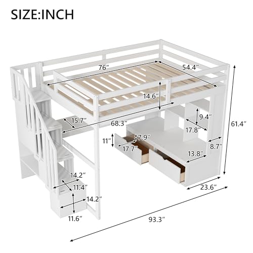 Harper & Bright Designs Full Size Loft Bed with L-Shaped Desk, Wardrobe and Storage Shelves, White