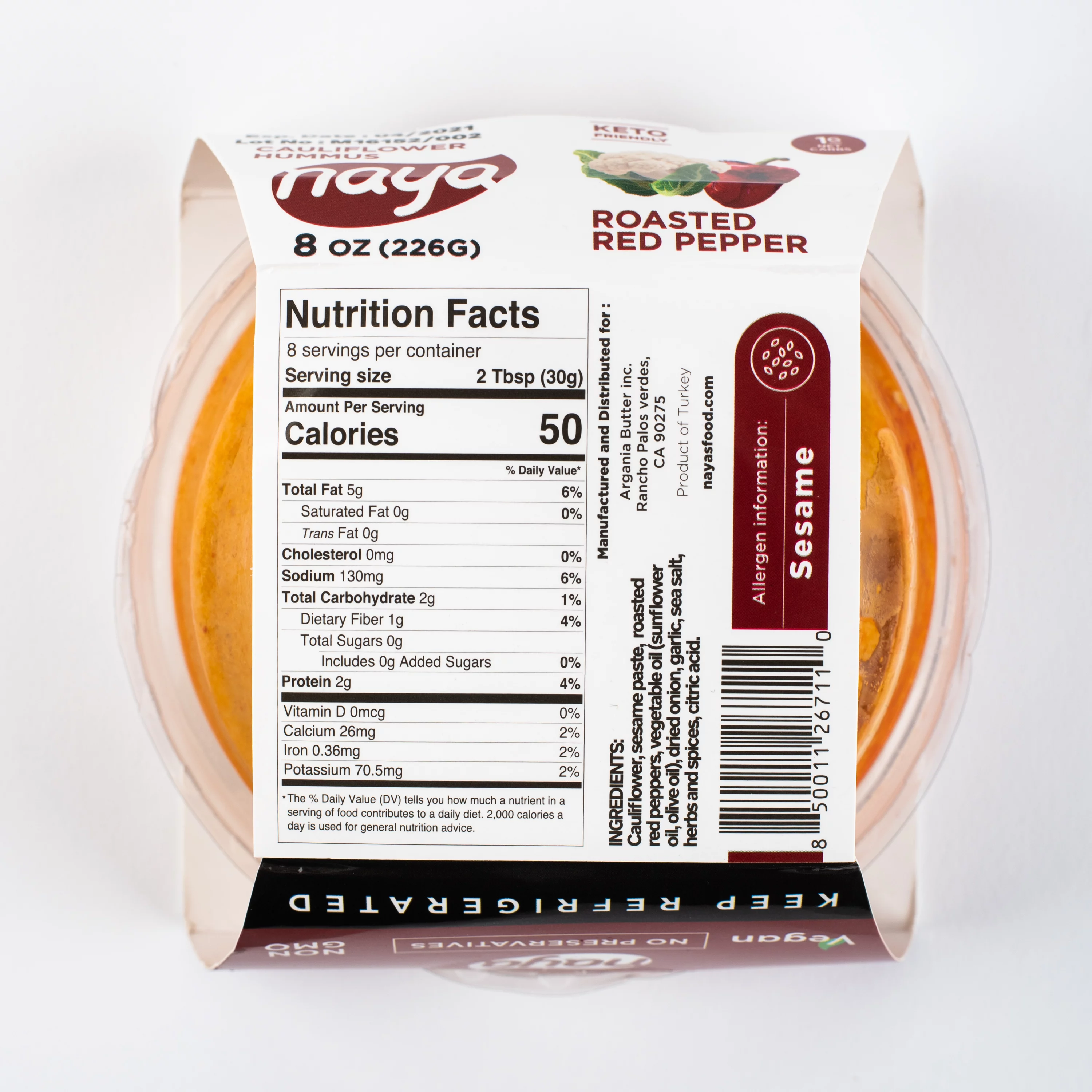 Naya Foods Keto Cauliflower Roasted Red Pepper Hummus