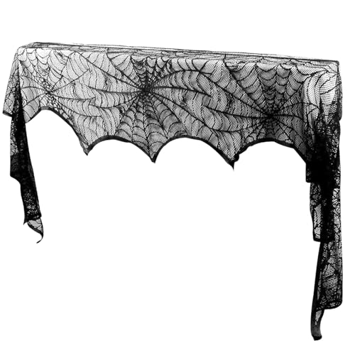 Halloween Spider Web Lace Mantel Scarf, Black, 96x18 Inch, 2 Pack, Durable Anti-Crease Fabric, Haunted House Party Fireplace Decoration