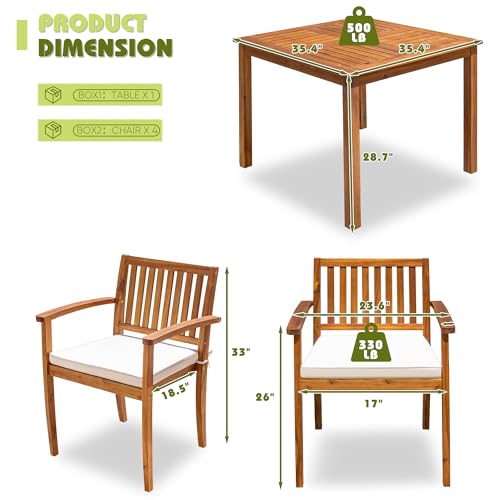 Flamaker 5 Piece Outdoor Dining Set Acacia Wood Patio Table and Chairs with Soft Cushions Patio Furniture for Deck, Backyard, Garden