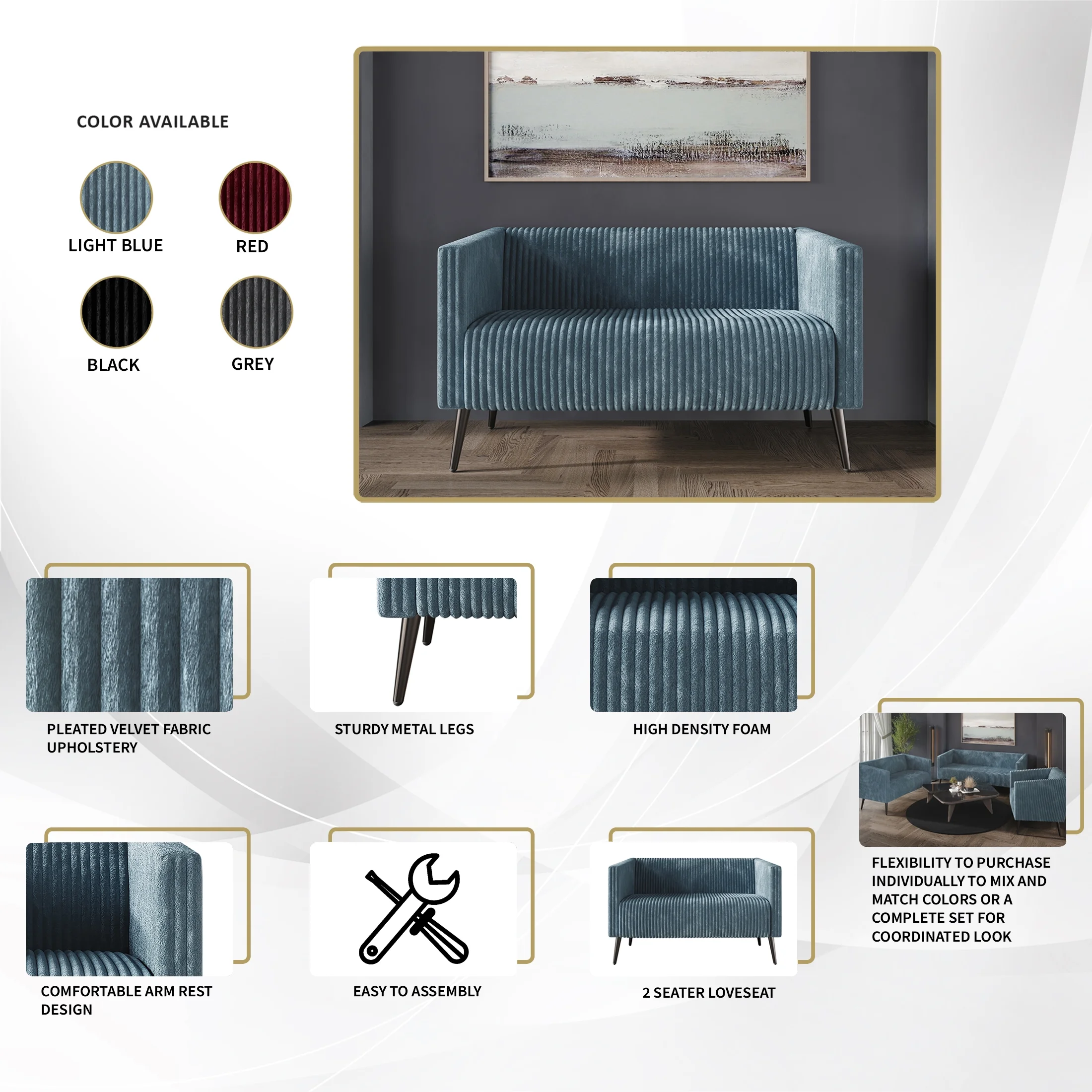 Castle Place Luxurious Pleated Velvet Upholstered Loveseat, Light Blue