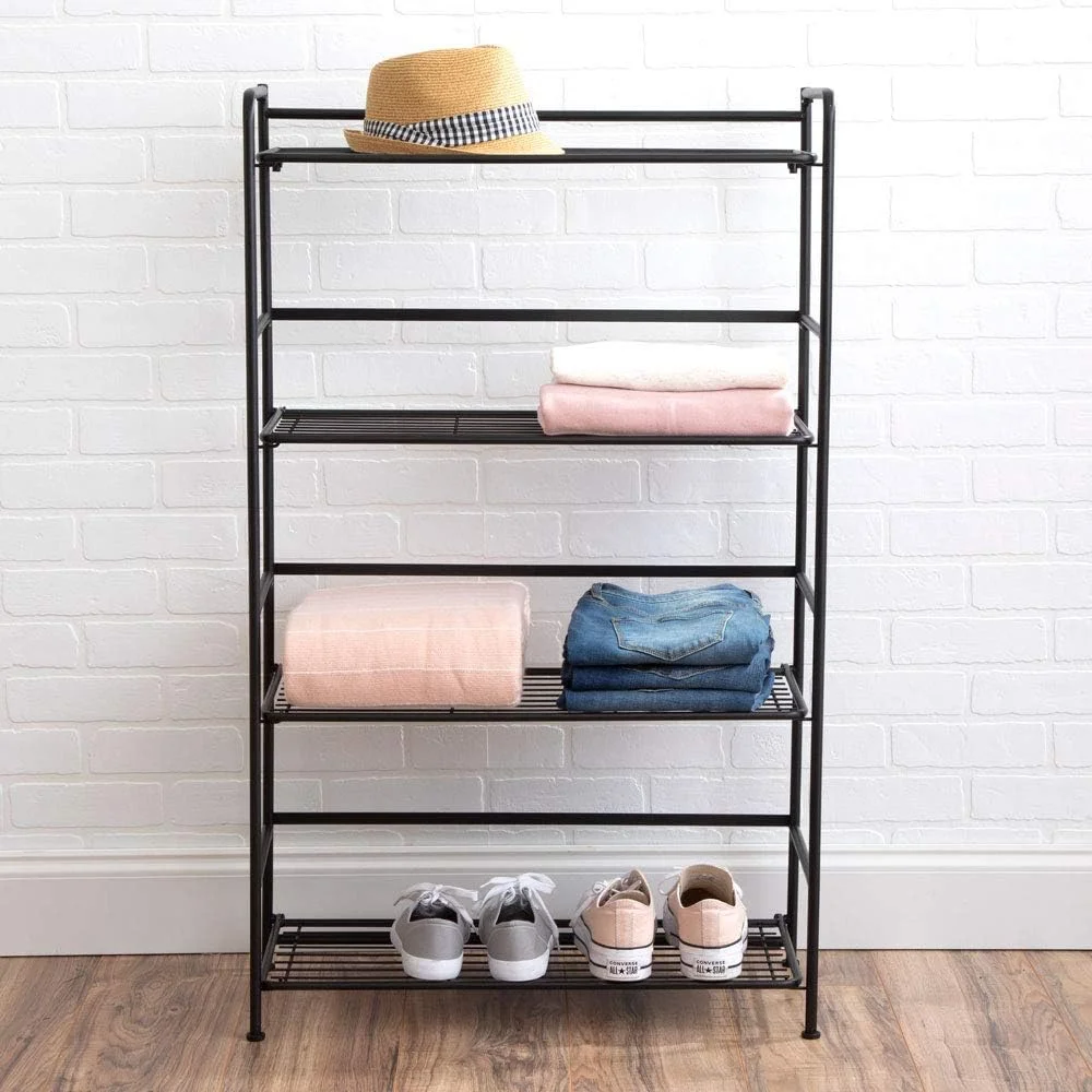 Folding Metal Bookcase-Small Space -No Assembly-Home, Kitchen, Bathroom And Office Black, 4 Shelves, Wide