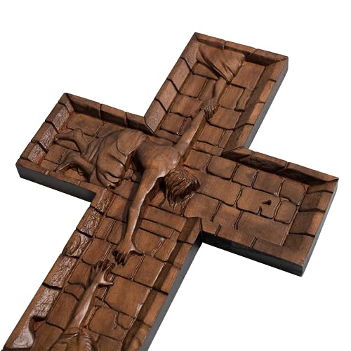 BGCOPPER Crucifix Wall Cross Handmade Wooden Cross with Hook, Christian Wall Art Jesus Wall Cross Gifts for Church Home Room Decor Christmas Cross - 14 Inch